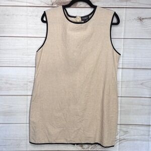 Tan Linen Blend Sleeveless Shift Dress Black Trim Basic Womens Large